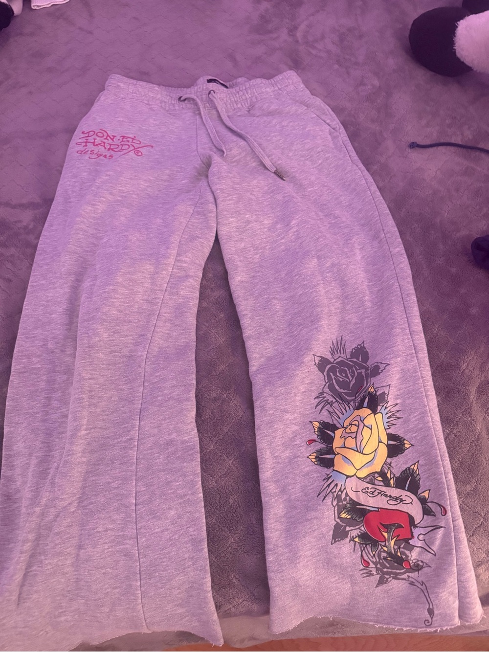 Ed Hardy Gray Sweatpants with Yellow Rose and Red Tattoo Print